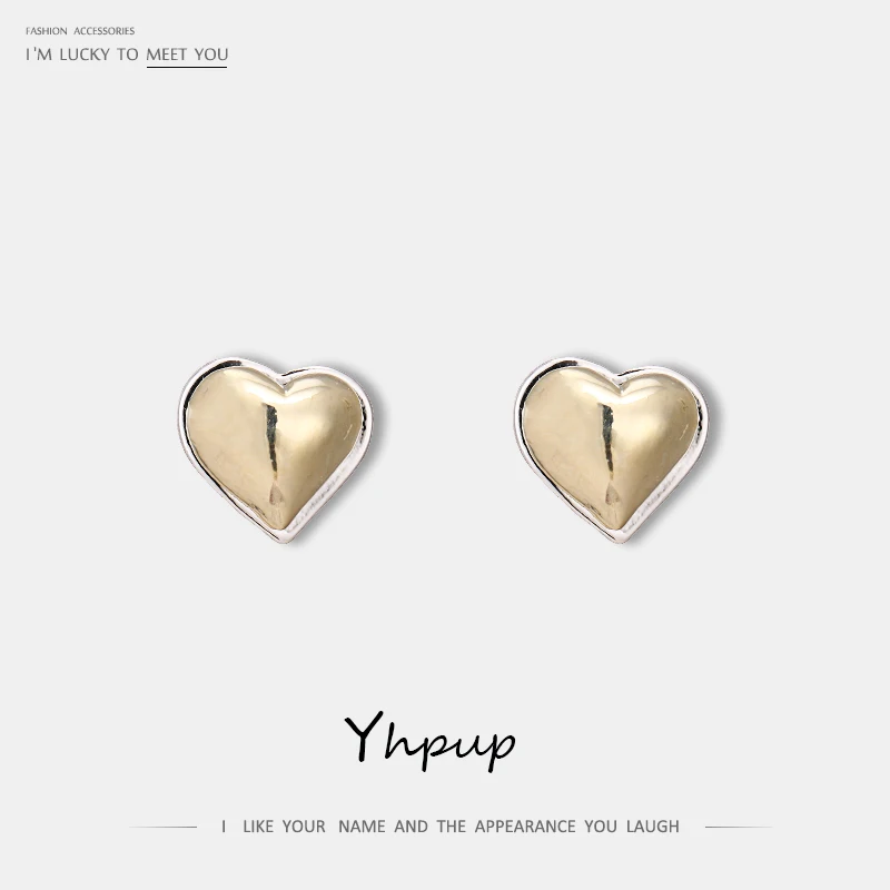 Yhpup трендовые минималистичные высококачественные серьги-гвоздики с сердцем, медь, шикарное золото; серебро; сережки, S925 ювелирные изделия для женщин, вечерние, подарок