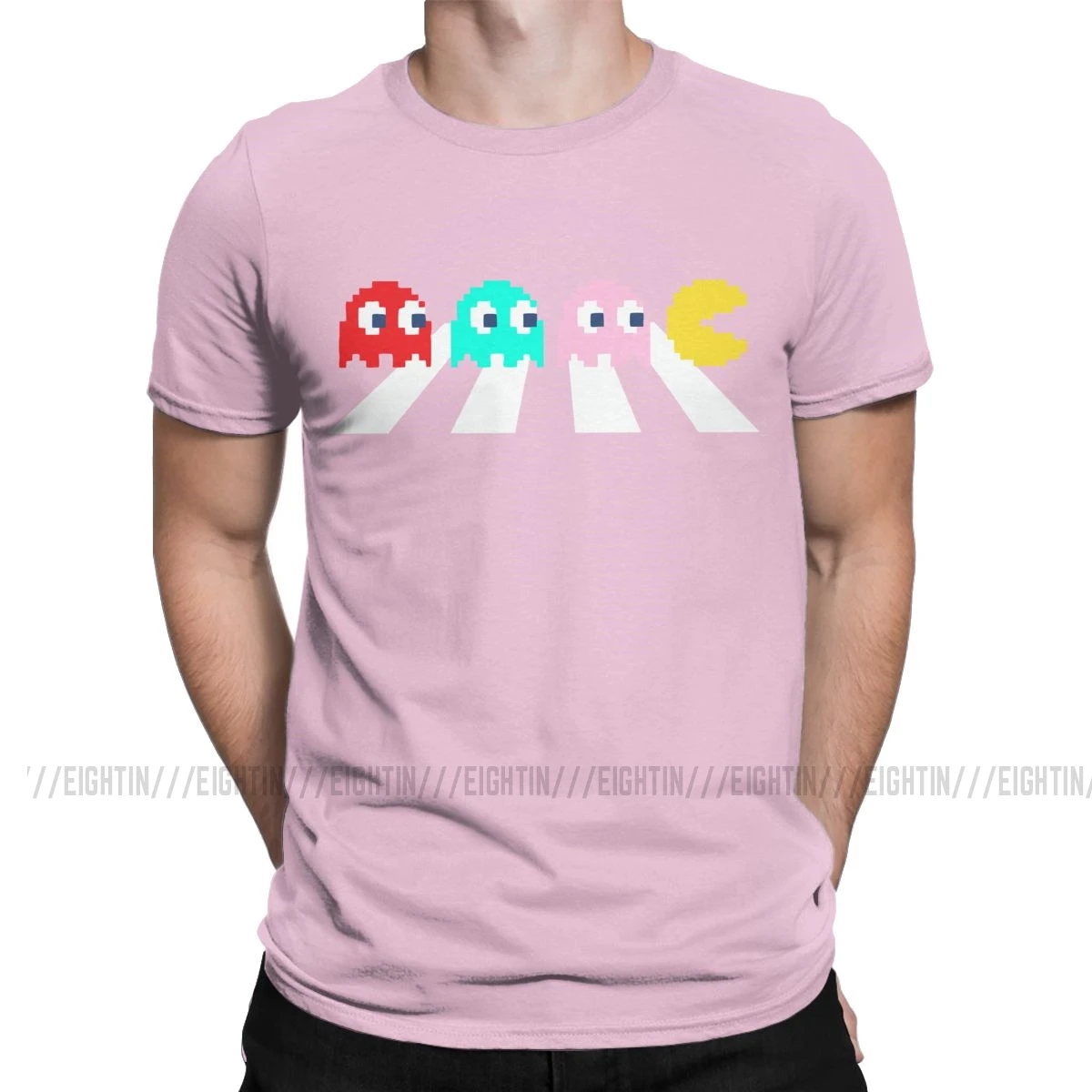 Ghosts On Abbey Road Футболка "Pac-Man" для мужчин 80s ретро Пиксельная игра Креативные хлопковые футболки с коротким рукавом Футболка 6XL Топы - Цвет: Розовый