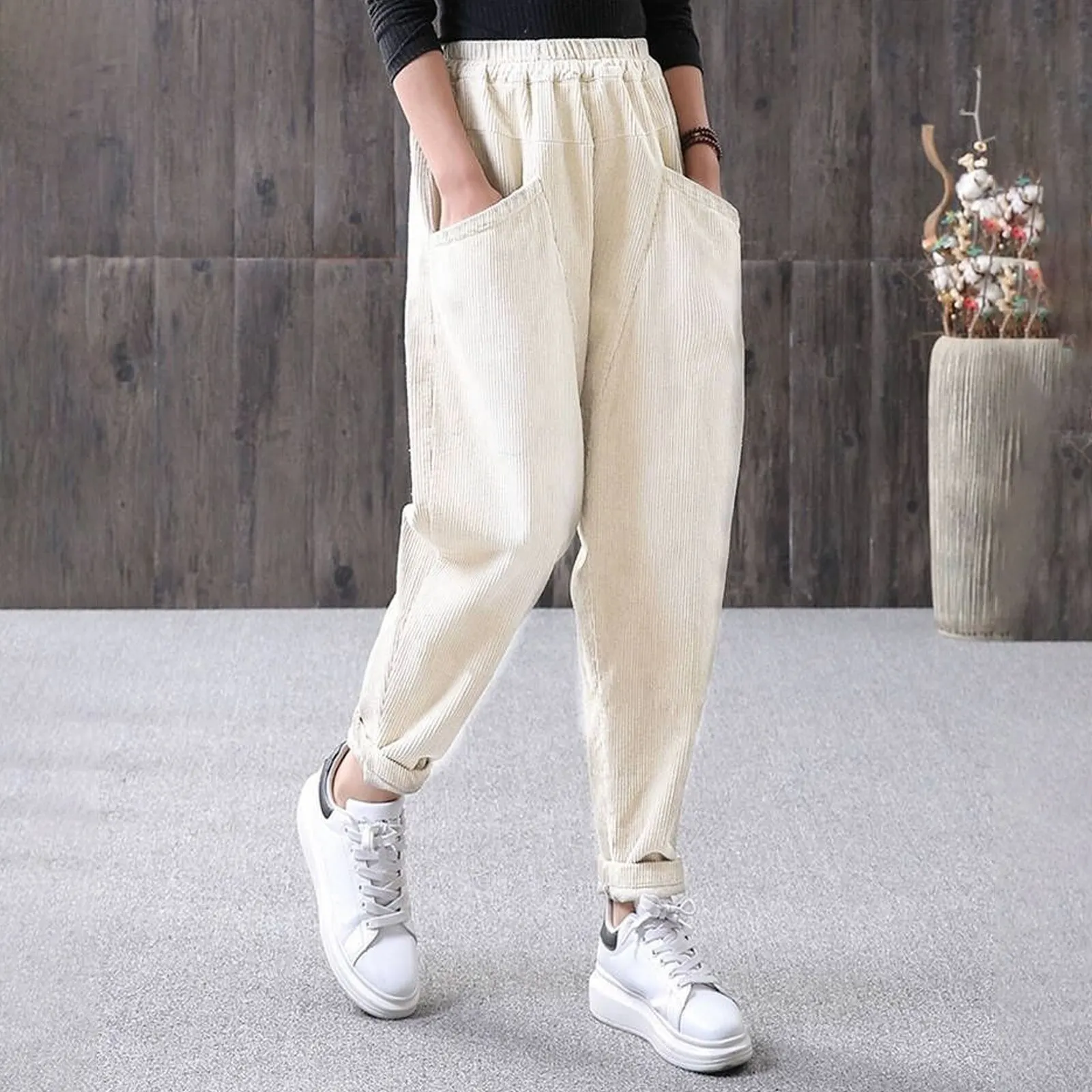 

Velvet Women Pants Vintage Casual High Waist Ankle-length Trousers Streetwear Korean Harajuku Plus Size Fleece Straight Pants