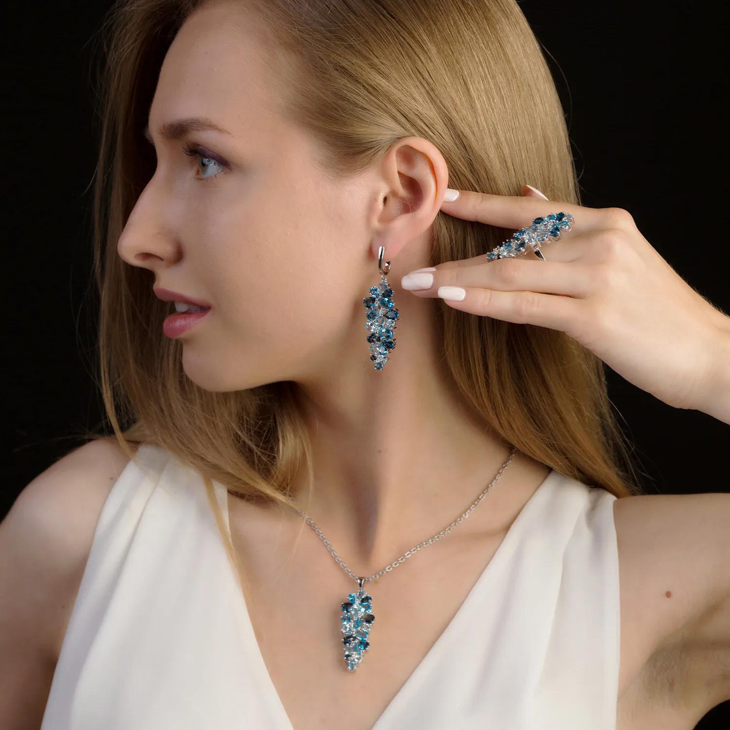 GEM'S BALLE натуральный голубой топаз драгоценный камень кольцо серьги кулон набор 925 пробы Серебряный Роскошный Камень Ювелирные наборы для женщин
