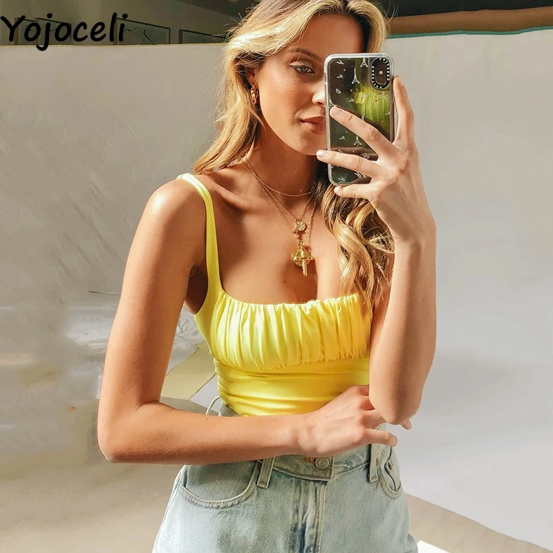 Yojoceli, сексуальный плиссированный короткий топ на бретелях, женский летний базовый пляжный Повседневный крутой укороченный топ, элегантный милый шикарный топ на бретелях