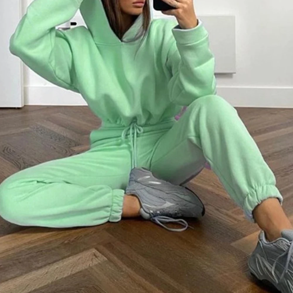 

Women Clothing Set Autumn Winter Two Piece Set Female Hoodie Fleece Sweatshirt Crop And Pants Tracksuit Sport Jogging Suit Solid