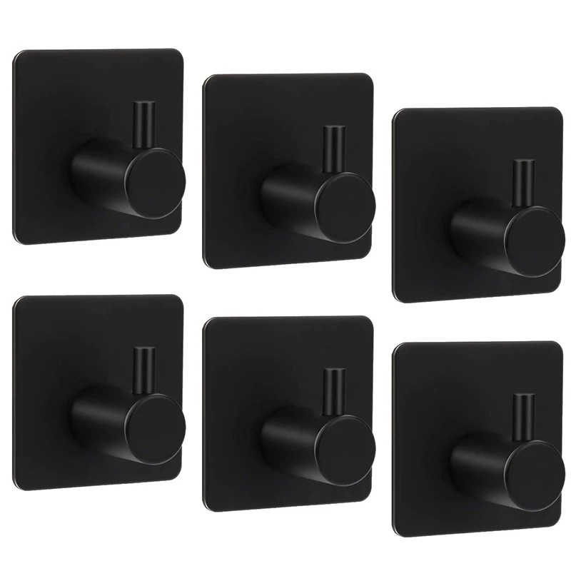 Adhesive Hooks, Stainless Steel Wall Hook Heavy Duty Coat Key Robe Towel Hooks for Hanging Bathroom Home Kitchen Office, Black