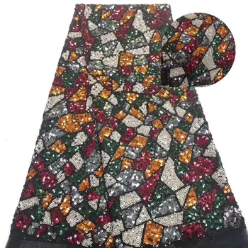 

2019 African Net Lace Fabric, High Quality Multicolor Sequins Nigerian Wedding Lace Fabrics 5 Yards Sequins French Tulle lace