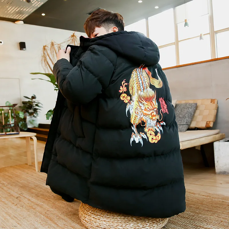 

2018 Chinese-style Fashion Dragon Printed Joint Double Color Retro Frog Mid-length Hooded Cotton-padded Clothes Large Size Fashi
