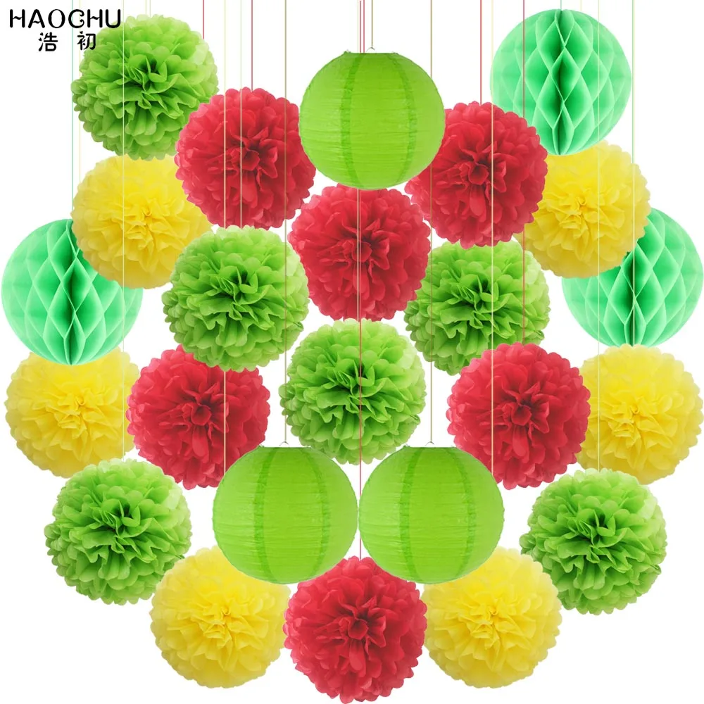 Green Red Yellow 24 шт./компл. белые синие вечерние бумажные большие фонарики Тканные помпоны цветок соты Беби Шауэр детский Свадебные украшения для дня рождения - Цвет: Green Red Yellow