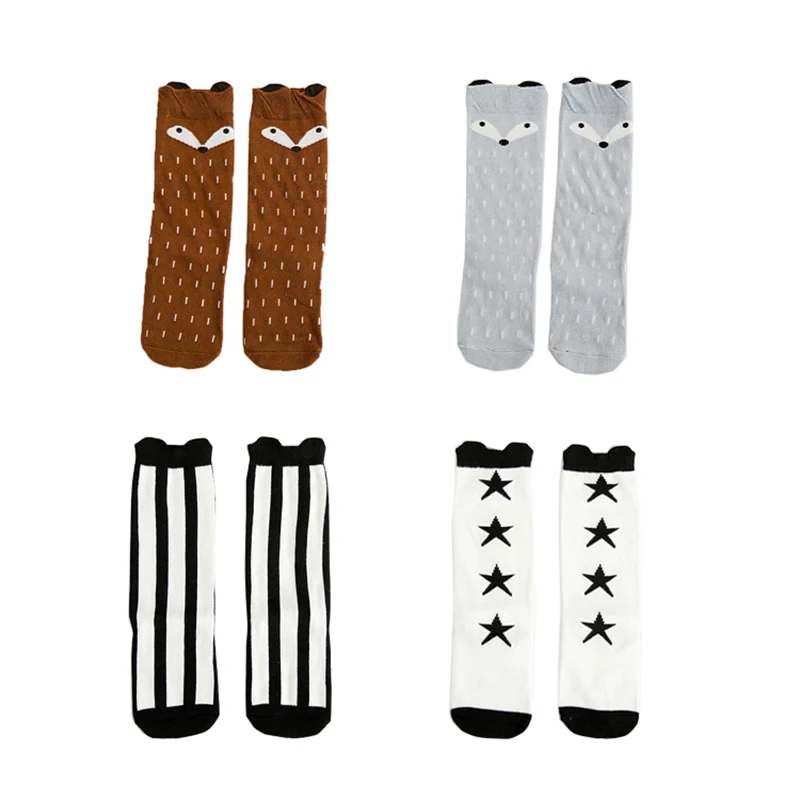 

4 designs/set Cartoon Kids Socks Baby Cotton Socks Knee High Long LegWarmers Animal fox Socks Boy Girls Children socks 0-6 Y