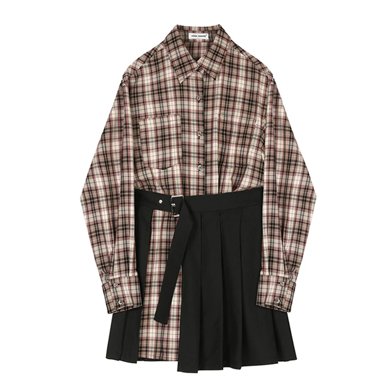[EAM] женское клетчатое Плиссированное Платье-рубашка с разрезом, новинка, с отворотом, с длинным рукавом, свободный крой, мода, весна-осень, 1B430 - Цвет: plaid