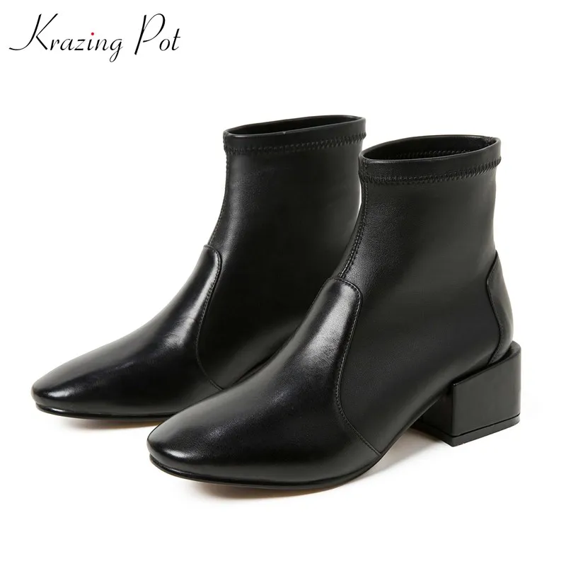 

krazing pot winter simple style cow leather stretch boots round toe high heels warm women solid slip on ankle boots big size L95