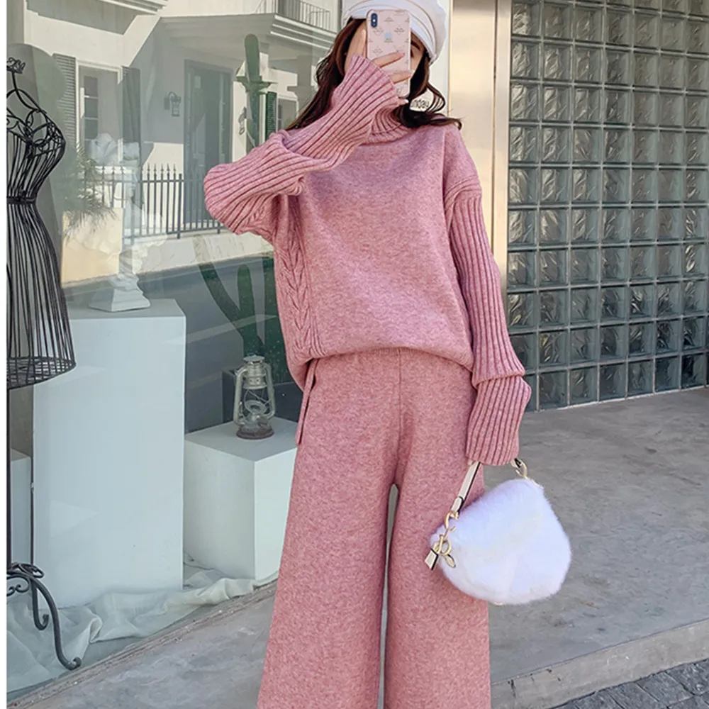 SMTHMA Women Two Piece Set Tracksuit Pull Sleeve Thick Warm Knitted Turtleneck Sweater + Elastic Waist Long Wide Leg Pants Suit |