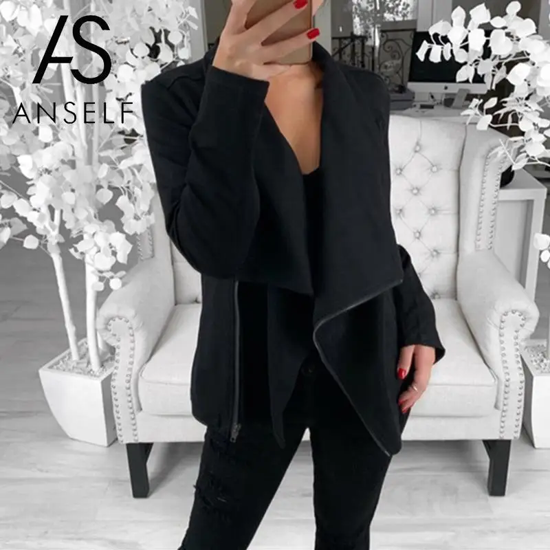 

ANSELF Coat Women Irregular Jacket Solid Color Zipper Front V Neck Long Sleeve Basic Jacket female Slim Thin Overcoat Grey Black