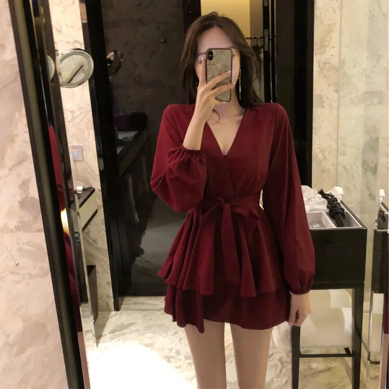 

Autumn New Style WOMEN'S Dress Loose-Fit High-waisted Cross V-neck Long Sleeve Bandage Cloth Dress Solid Color Slimming A- line