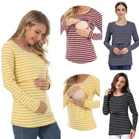 Striped Maternity T-shirts Long Sleeve Nursing Breastfeeding Clothes For Pregnant Women Cotton Postpartum Tees