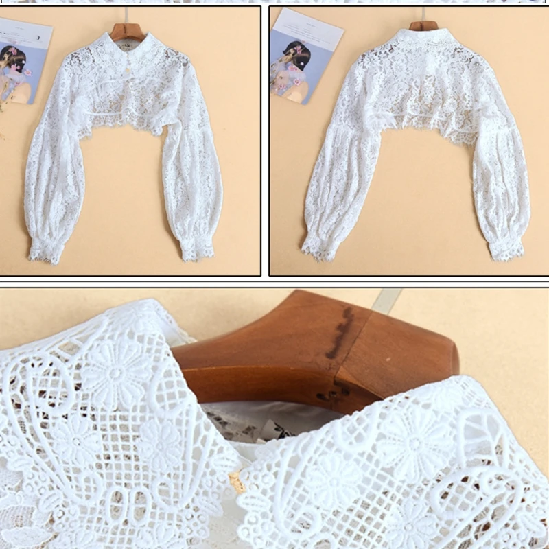 4 Pcs Lace Collars for Women Detachable Dickey Collar Blouse Half Shirts  Lace Shrug with Faux Collar Long Lantern Sleeve (Lace Style)