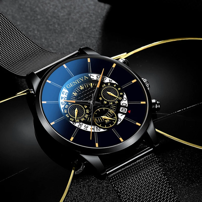 Luxury Men's Fashion Business Calendar Watches Blue Stainless Steel Mesh Belt Analog Quartz Watch relogio masculino