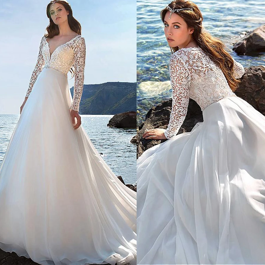 Шифоновое платье трапеция с V образным вырезом и длинными рукавами|Свадебные