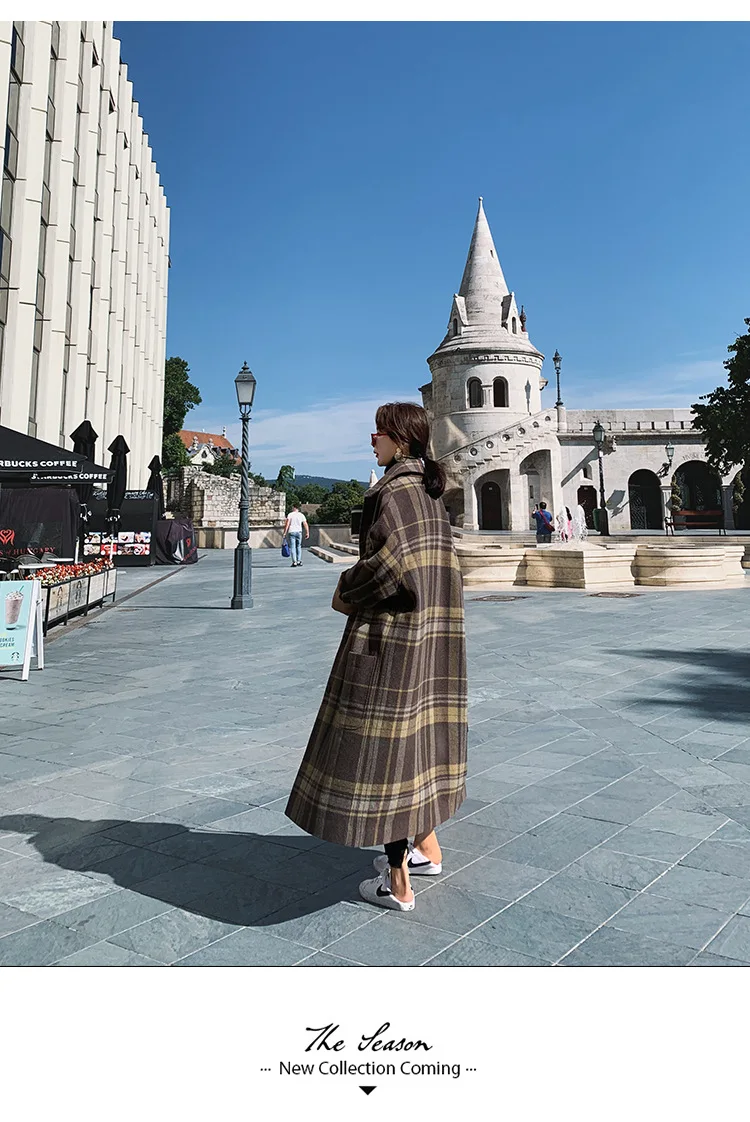 Шерстяное клетчатое пальто для фотосессии, женское, средней длины, зима, стиль, корейский стиль, модное, элегантное, свободное, Дафлкот, модное пальто