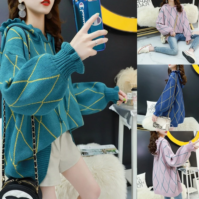 

Women Long Sleeves Hooded Knitted Sweater Korean Drawstring Ruffled Pullover