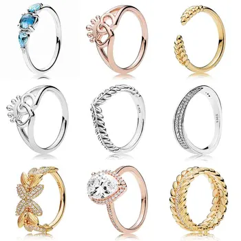 

Rose Interlocked Crowned Hearts Waves Ear Of Wheat Lively Wish With Crystal Ring 925 Sterling Silver DIY Europe Jewelry