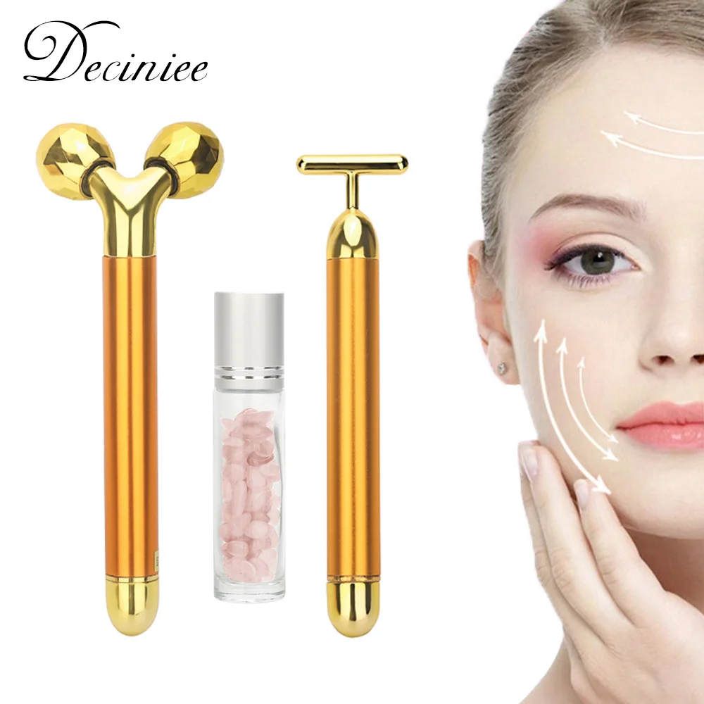 3types 24k Energy Beauty Bar Golden Pulse Vibrating Facial Roller Massager Face Lifting Skin