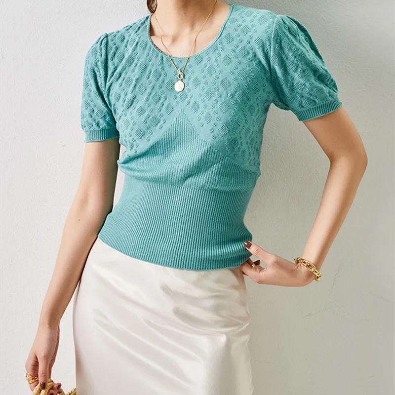 

New Women Damask Knitwear Knitted Pullover Spring Summer O Neck Short Sleeve Solid Color