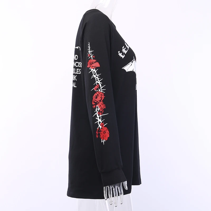 InstaHot Black Rose Letter Printed Oversize Sweatshirts Loose Women Round Neck Autumn Spring Gothic Punk Streetwear Pullovers