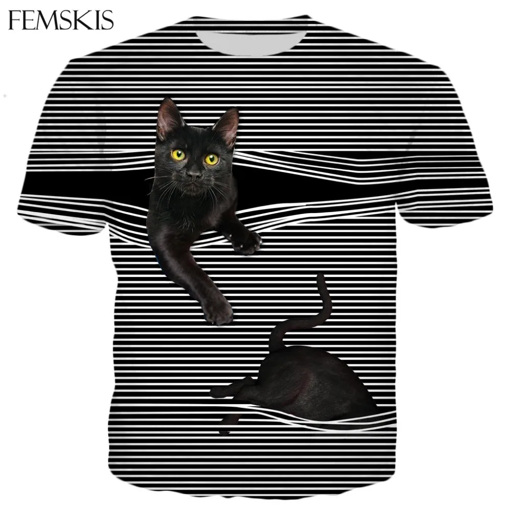 

FEMSKIS New Fashion Summer 3D T-shirt Cute Cat Stripes Pattern 3D Print Short Shirts Women Casual Cool T Shirt Unisex Clothing