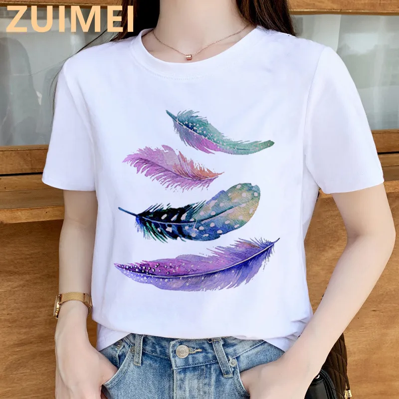 

Feather Dreamcatcher Fashion Print Harajuku Top Women T-shirt Casual ladies basic O-collar Short Sleeved T-shirt Girl,Drop Ship