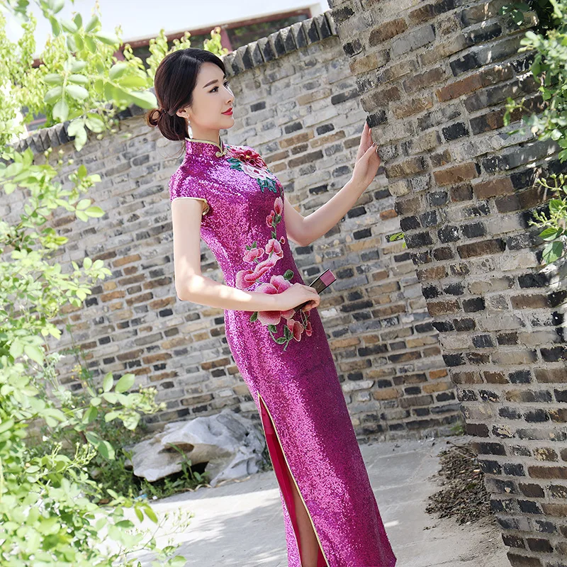 Китайский традиционный Чонсам лотоса блестки Cheongsam с коротким рукавом Cheongsam стройные Qipao показать Cheongsam Vestido плюс Размеры 5XL