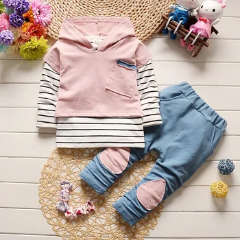 

Children Clothes 2020 New Autumn Girl Striped Fake Two-piece Hooded Sweatershirt Denim Patch Trousers Baby Boy Casual Sports Set
