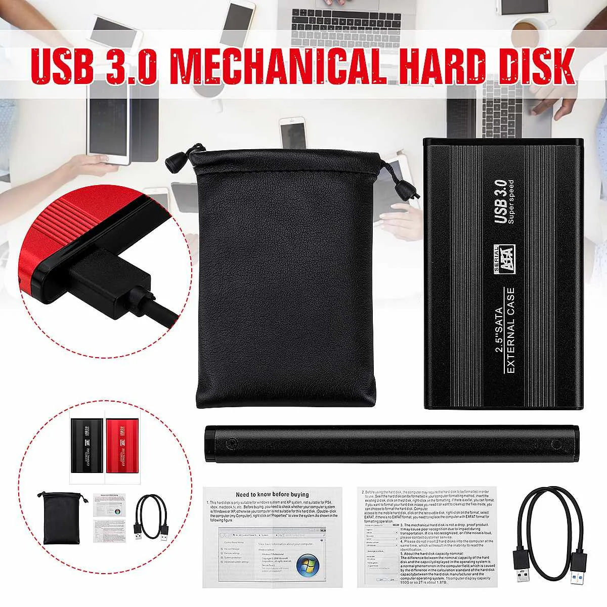 USB 3,0 механический жесткий диск 1 ТБ/2 ТБ Поддержка систем Windows и XP HDD/SSD до 1TG компьютерные аксессуары