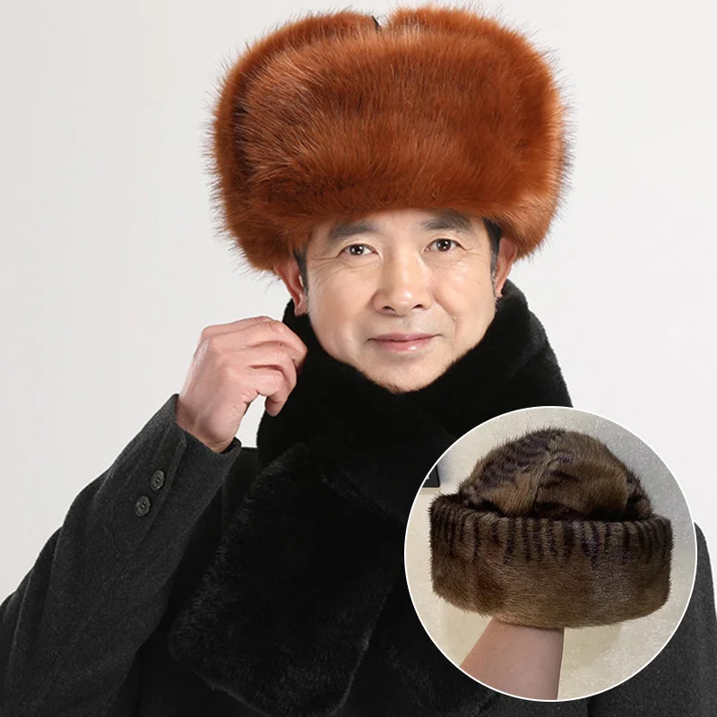 Winter Faux Mink Fur Bomber Hats Men Warm Russian Earflap Male Caps Thicken Snow Ear Warmer Fur Ski Fluffy Windproof Hats Bonnet leather bomber hats