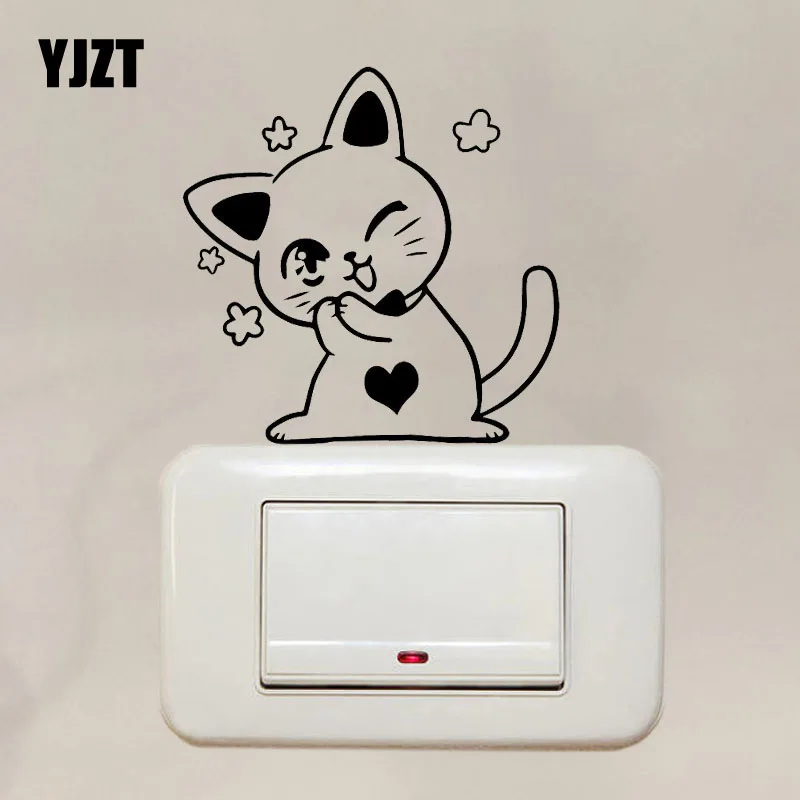 YJZT Happy Cat Wall Switch Sticker Vinyl Decal Cartoon Animal Kids Room