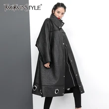 TWOTWINSTYLE Hollow Out PU Leather Lace Up Womens Coats Stand Collar Batwing Sleeve Coat Female Autumn Oversize Fashion New
