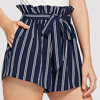 

2020 Women Paper Pocket Pleated Waist Buttoned Belt Knot Striped Shorts Women Summer Highstreet Casual Mini shorts
