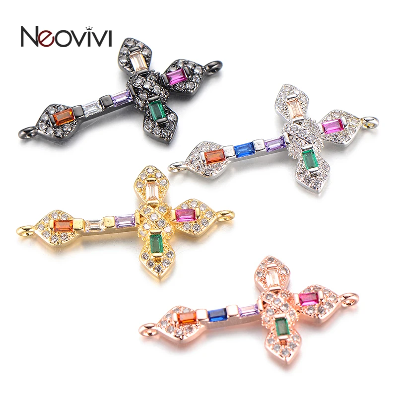 Neovivi Rainbow Cross Charm Micro Pave Rectangle Zircon Connector CZ Beads for Jewelry Making Women Bracelet Necklace Needlework | Украшения