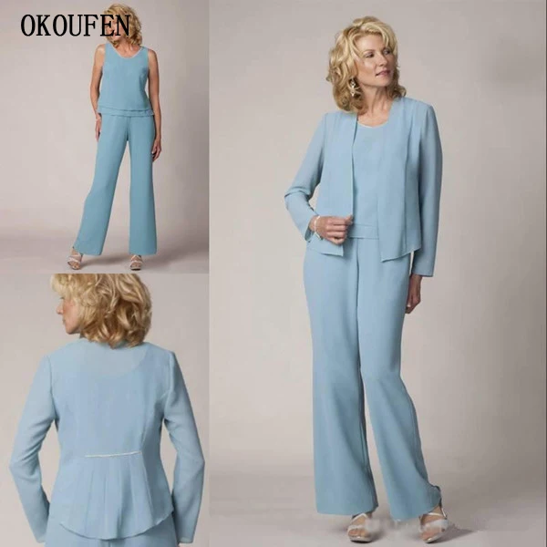 

Light Blue Mother of the Bride Dresses 2019 Jacket Pantsuit 3 Pieces Formal Mother of the Groom Gown vestido de madrinha Kurti