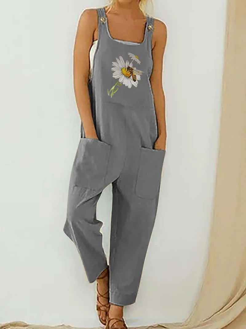 Womens Dungarees Print Rompers 2021 Summer New Ladies Casual Loose Linen Cotton Jumpsuit Sleeveless Pocket Overalls Playsuit