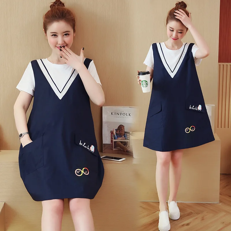 

Maternity Clothes 2020 Summer Fashion Pregnant Women Splicing Dress V-neck Mock Two-Piece Maternity Dress
