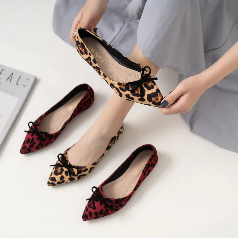 Elegant Bow-knot leopard pattern flats woman ballerina plus size 40-43 sneaker shoes women loafers pointed toe flock moccasins 5