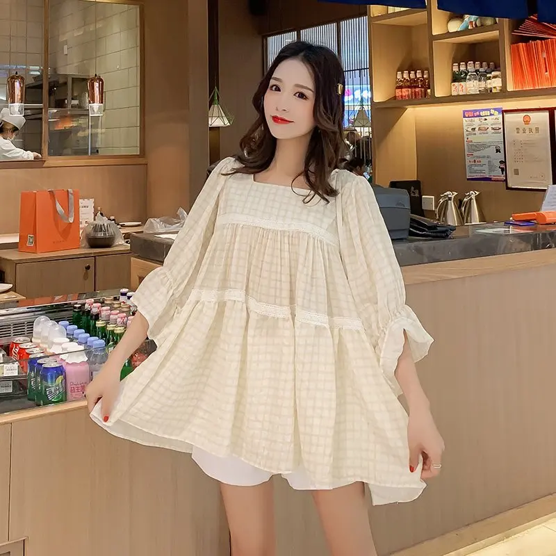 

Pregnant Women Summer Wear Dress 2019 New Style Korean-style Square Collar Plaid Mixed Colors Sweet Fashion GIRL'S Shirt