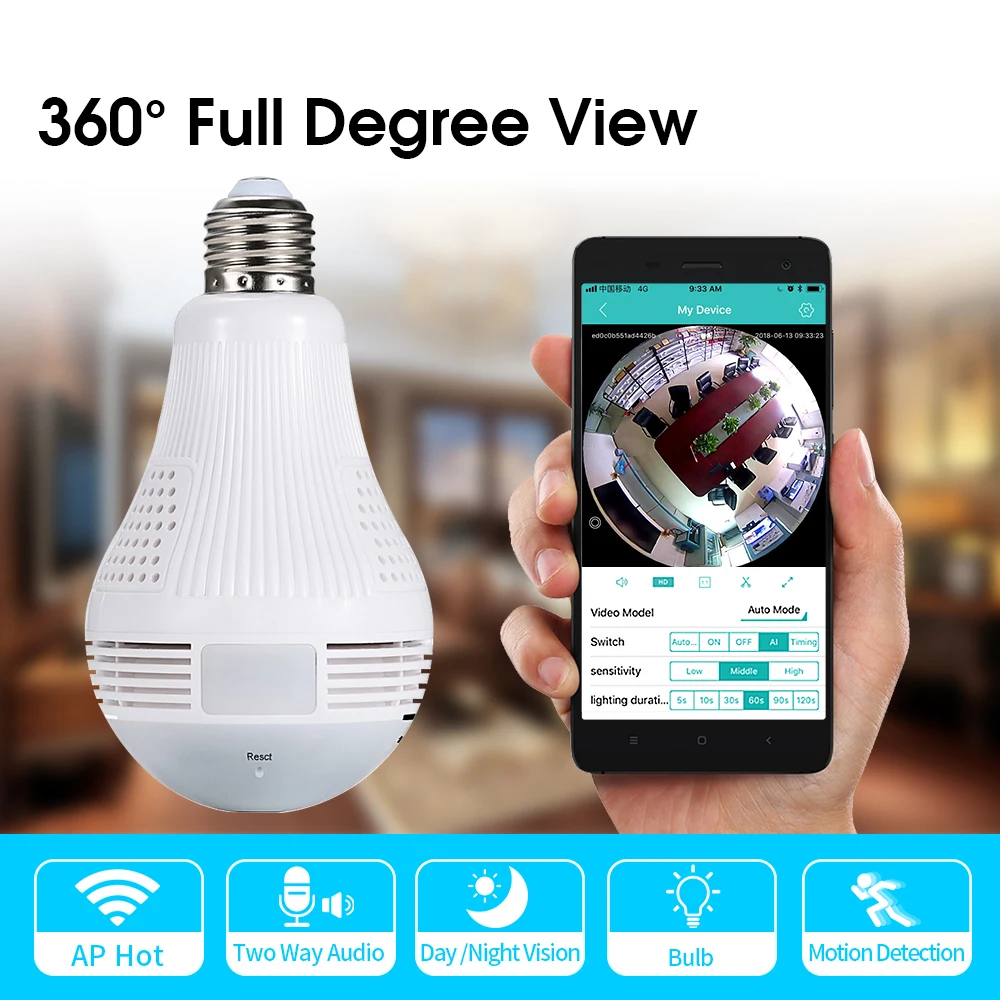 

960P 360 Degree LED Light Wireless Wifi Camera Home Security WiFi Fisheye Camera Bulb Lamp IP Camera Two Ways Audio CM.V2