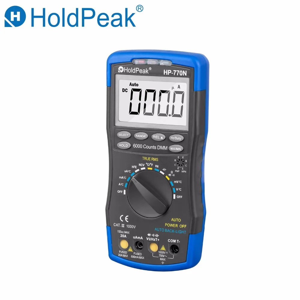 

HoldPeak Digital Multimeter HP-770M Auto Range RMS Detector AC/DC Ammeter Voltmeter Ohm NCV HFE Transistor Tester multimetro