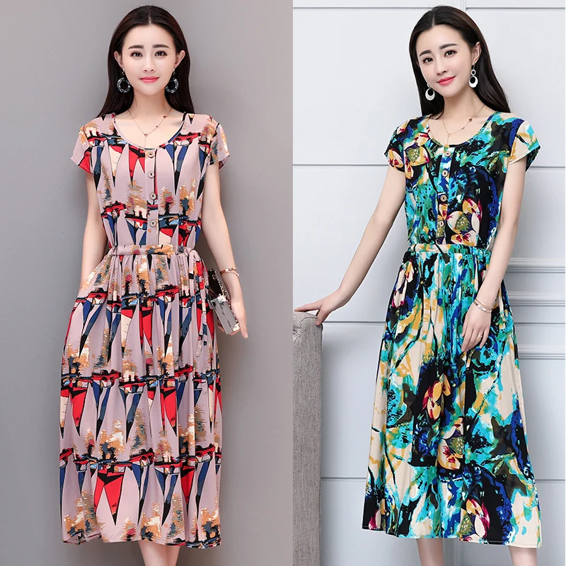 Women Summer 2020 Cotton Silk Printed Dress Plus size 7XL Slim O-Neck Short sleeve Long Dresses Casual Clothing Clothes | Женская одежда