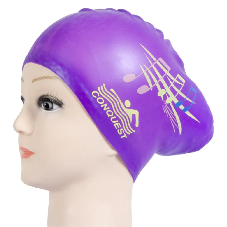 Purple-musical note Силиконовая Водонепроницаемая 3D эластичная шапочка для плавания, s для мужчин, для женщин, с длинными волосами, плавающая крышка шляпы, Ушная кость, бассейн, купальная шапочка для взрослых - Цвет: Purple-musical note