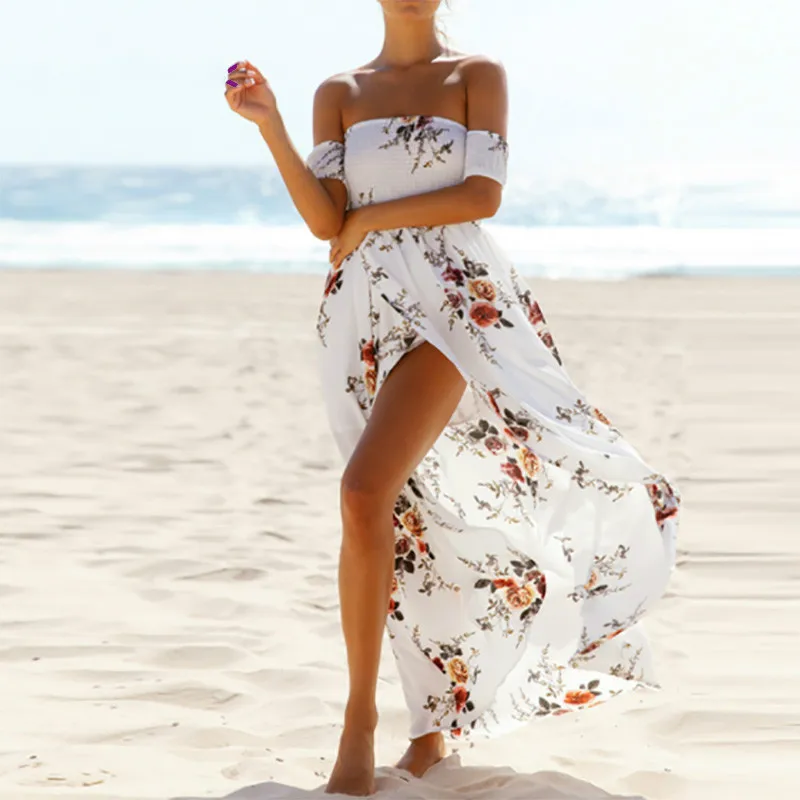 

Dress for Women Print Long Party Sexy Off Shoulder Beach Maxi Dress Lady Summer Strapless Split Sundress Plus Size S-5XL