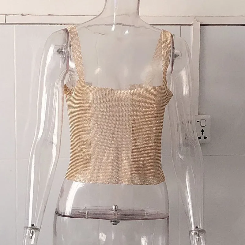 Tees Club Damen Party Tank Tops Metall Mesh Strap Mantel Drapiert Spark Diamonds Neckholder Rückenfrei Sexy Pullover 2025, Tops – Detail 6