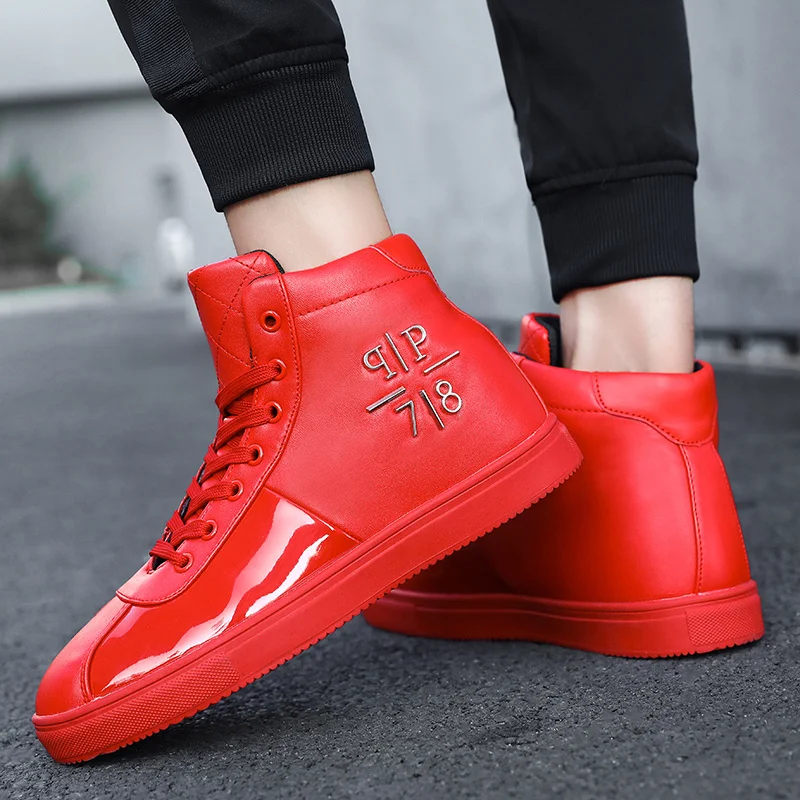 Ceny X marka moda błyszczący czerwony buty mężczyźni trampki za kostkę brytyjski projekt buty męskie jesień obuwie zapatillas hombre casual