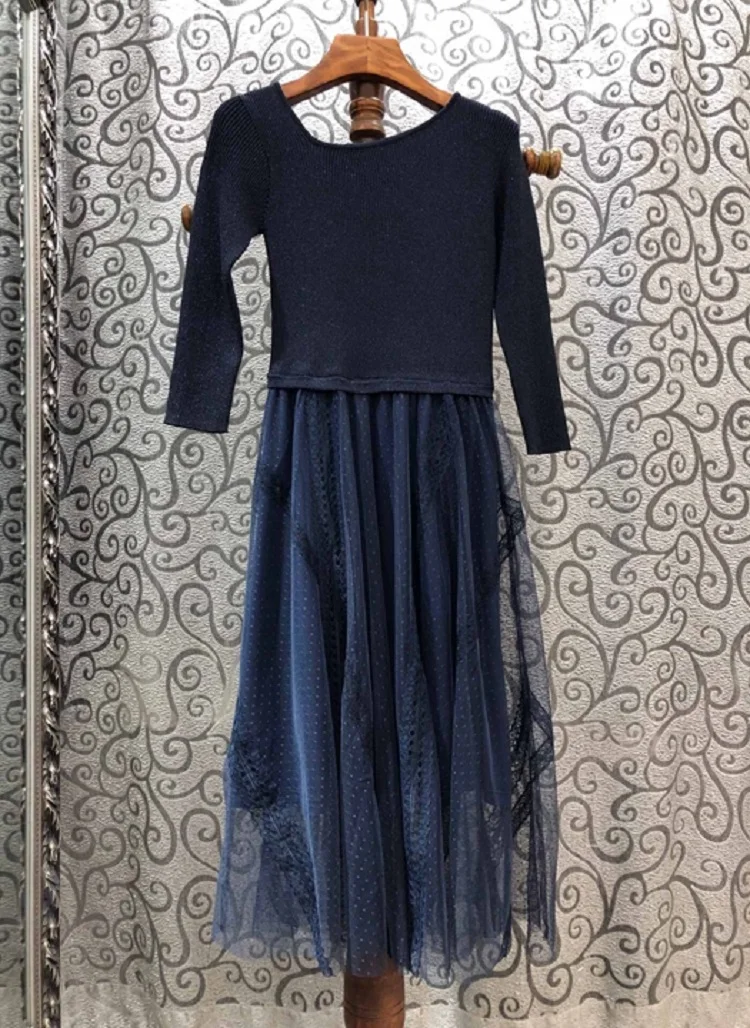 Приталенное и расклешенное платье весна лето vestidos женское сексуальное платье-свитер в горошек с сеткой в стиле пэчворк до середины икры розовый синий серый