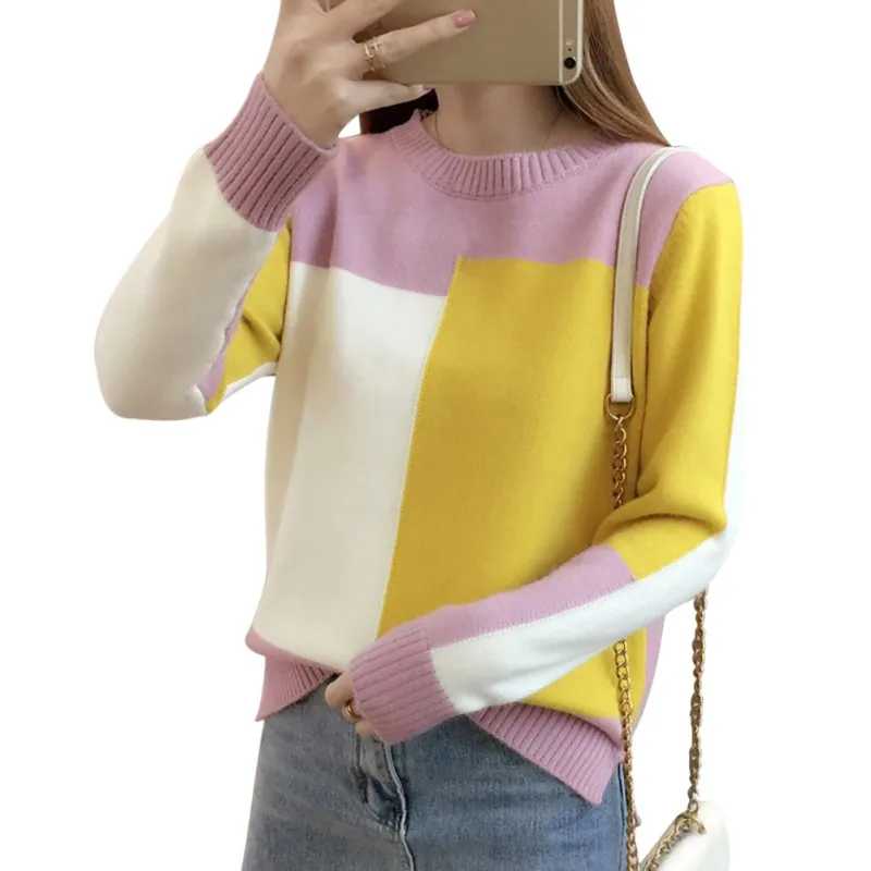 Women Patchwork Contrast Color Sweater Women Long Sleeve Jumper Women Sweater Pullover Knitted Sweater Female Pull Femme T2